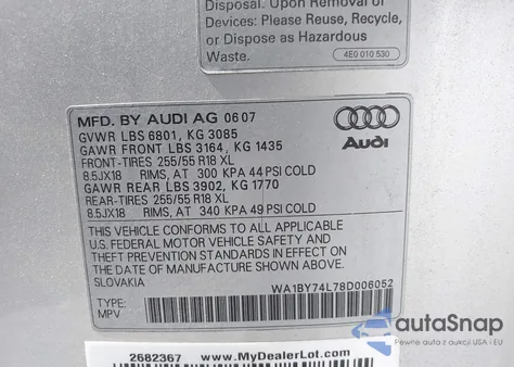 2008 Audi Q7 3.6 Premium из США, поврежденный, VIN WA1BY74L78D006052